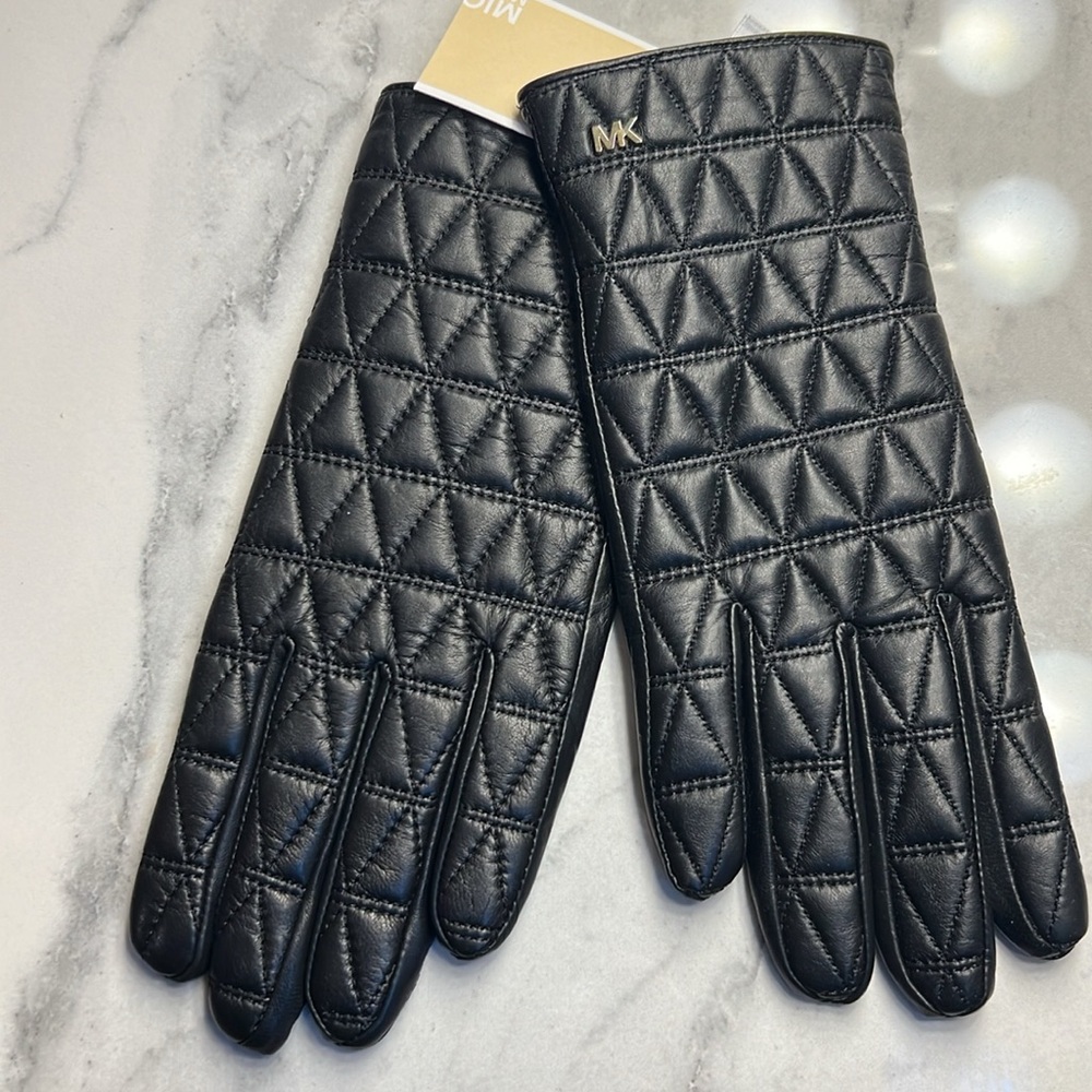 NWT Michael Kors Diamond Pattern Leather Gloves • Women's Sz Large 🖤 - Picture 3 of 3